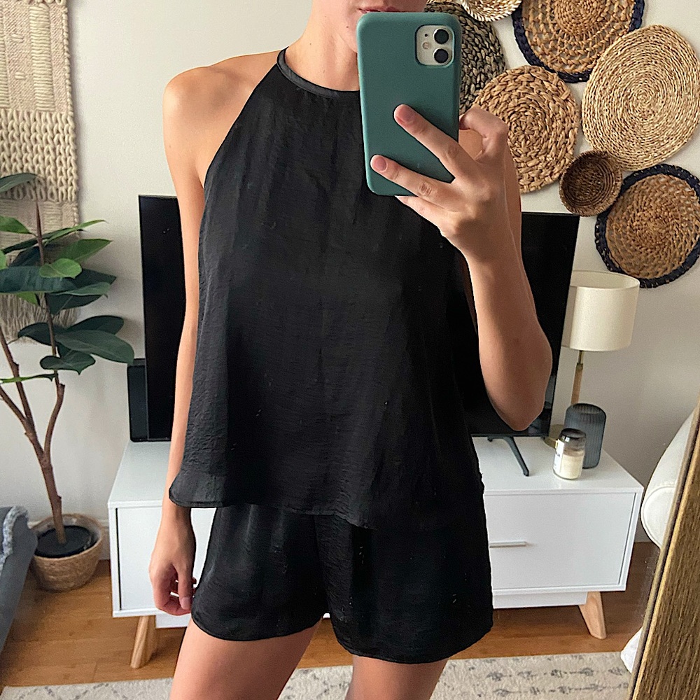 Crinkle Satin High Neck Romper